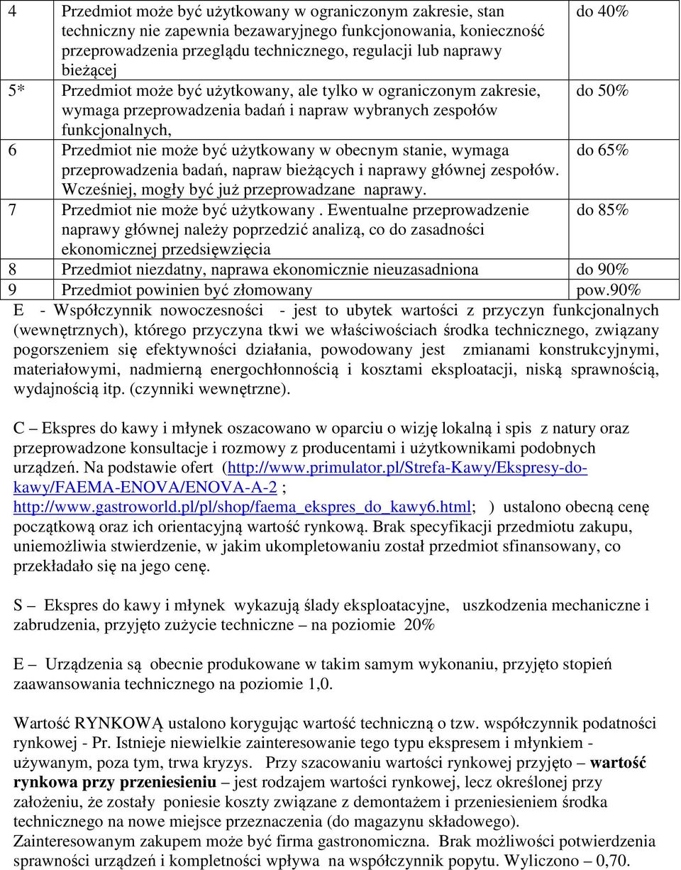 obecnym stanie, wymaga do 65% przeprowadzenia badań, napraw bieżących i naprawy głównej zespołów. Wcześniej, mogły być już przeprowadzane naprawy. 7 Przedmiot nie może być użytkowany.