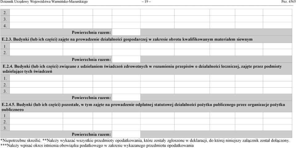 Powierzchnia razem: E.4.5. Budynki (lub ich części) pozostałe, w tym zajęte na prowadzenie odpłatnej statutowej działalności pożytku publicznego przez organizacje pożytku publicznego 3.