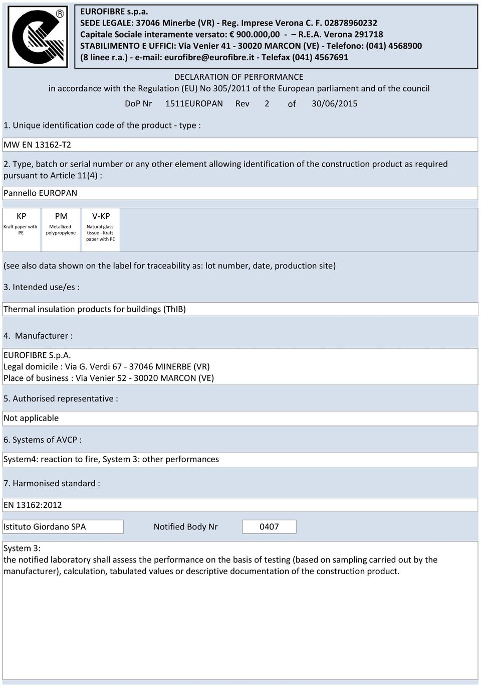 Type, batch or serial number or any other element allowing identification of the construction product as required pursuant to Article 11(4) : DECLARATION OF PERFORMANCE in accordance with the