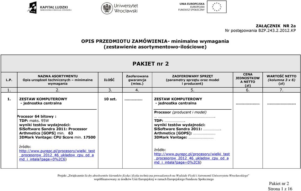 ) i producent) (zł) (zł) 1. 2. 3. 4. 5. 6. 7. 1. ZESTAW KOMPUTEROWY - jednostka centralna 10 szt. ZESTAW KOMPUTEROWY - jednostka centralna.. Procesor 64 bitowy : TDP: maks.