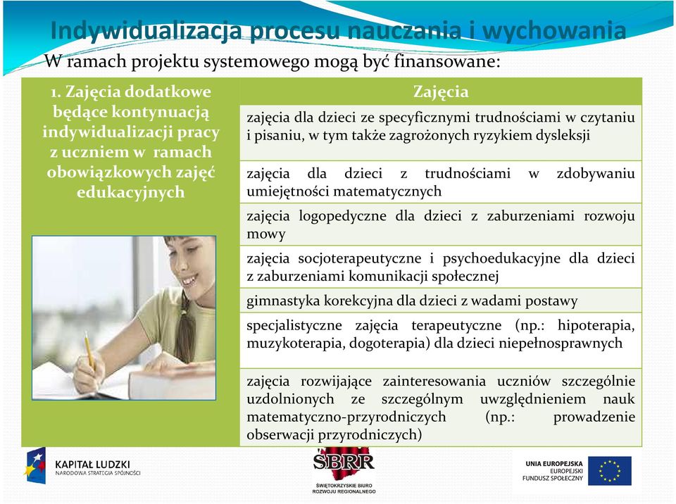 także zagrożonych ryzykiem dysleksji zajęcia dla dzieci z trudnościami w zdobywaniu umiejętności matematycznych zajęcia logopedyczne dla dzieci z zaburzeniami rozwoju mowy zajęcia socjoterapeutyczne