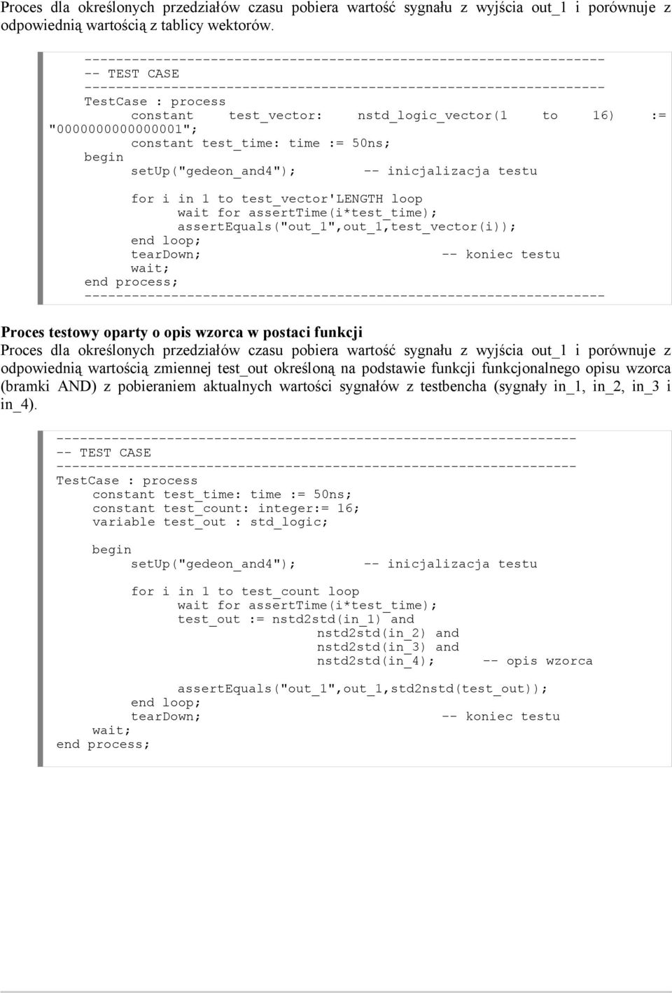 test_vector'length loop wait for asserttime(i*test_time); assertequals("out_1",out_1,test_vector(i)); end loop; teardown; -- koniec testu Proces testowy oparty o opis wzorca w postaci funkcji Proces