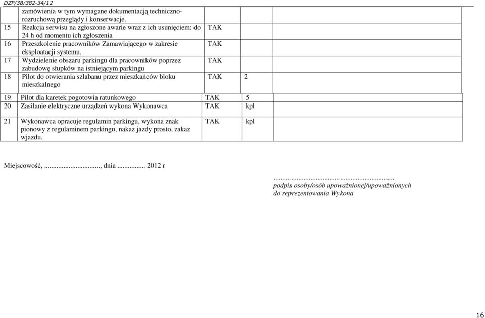 17 Wydzielenie obszaru parkingu dla pracowników poprzez zabudowę słupków na istniejącym parkingu 18 Pilot do otwierania szlabanu przez mieszkańców bloku mieszkalnego TAK TAK TAK TAK 2 19 Pilot dla