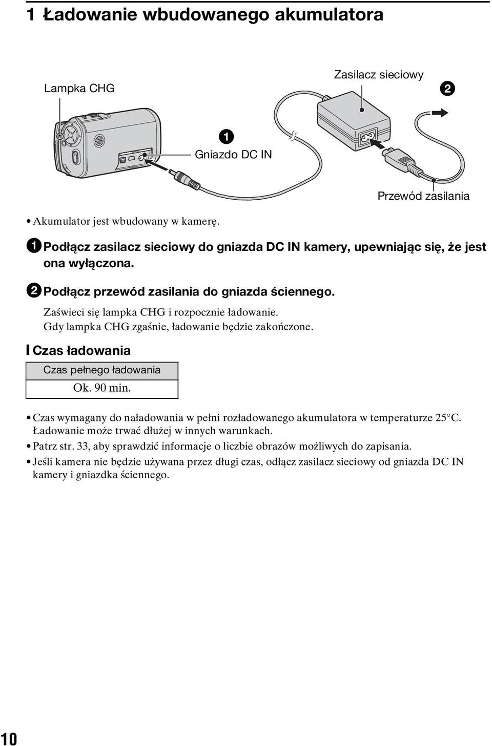 Gdy lampka CHG zgaśnie, ładowanie będzie zakończone. [ Czas ładowania Czas pełnego ładowania Ok. 90 min. Czas wymagany do naładowania w pełni rozładowanego akumulatora w temperaturze 25 C.