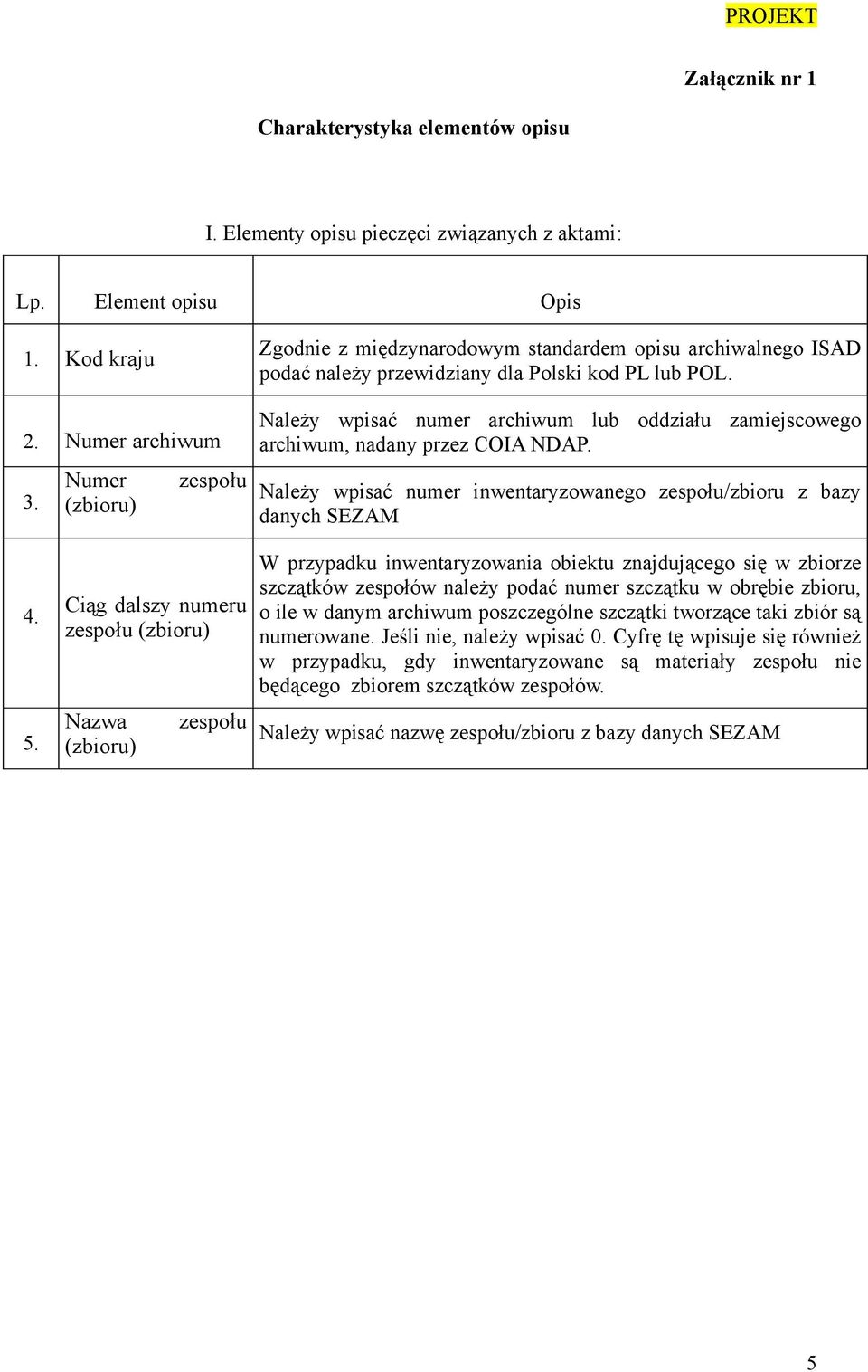 Należy wpisać numer archiwum lub oddziału zamiejscowego archiwum, nadany przez COIA NDAP. Należy wpisać numer inwentaryzowanego zespołu/zbioru z bazy danych SEZAM 4. 5.