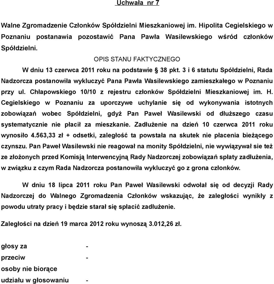 Cegielskiego w Poznaniu za uporczywe uchylanie się od wykonywania istotnych zobowiązań wobec Spółdzielni, gdyż Pan Paweł Wasilewski od dłuższego czasu systematycznie nie płacił za mieszkanie.