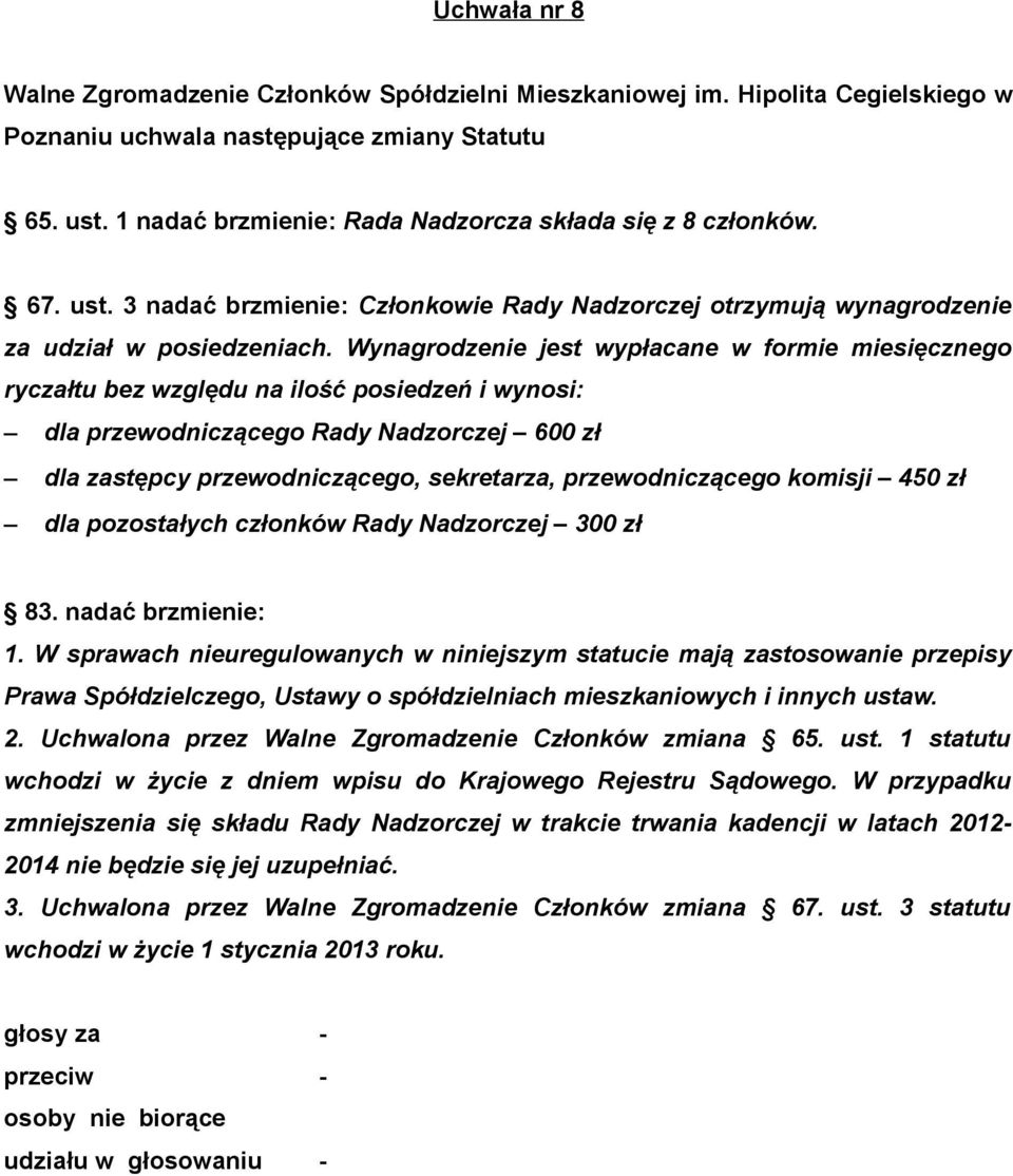 przewodniczącego komisji 450 zł dla pozostałych członków Rady Nadzorczej 300 zł 83. nadać brzmienie: 1.