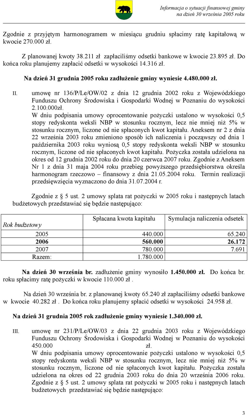 umowę nr 136/P/Le/OW/02 z dnia 12 grudnia 2002 roku z Wojewódzkiego Funduszu Ochrony Środowiska i Gospodarki Wodnej w Poznaniu do wysokości 2.100.000zł.