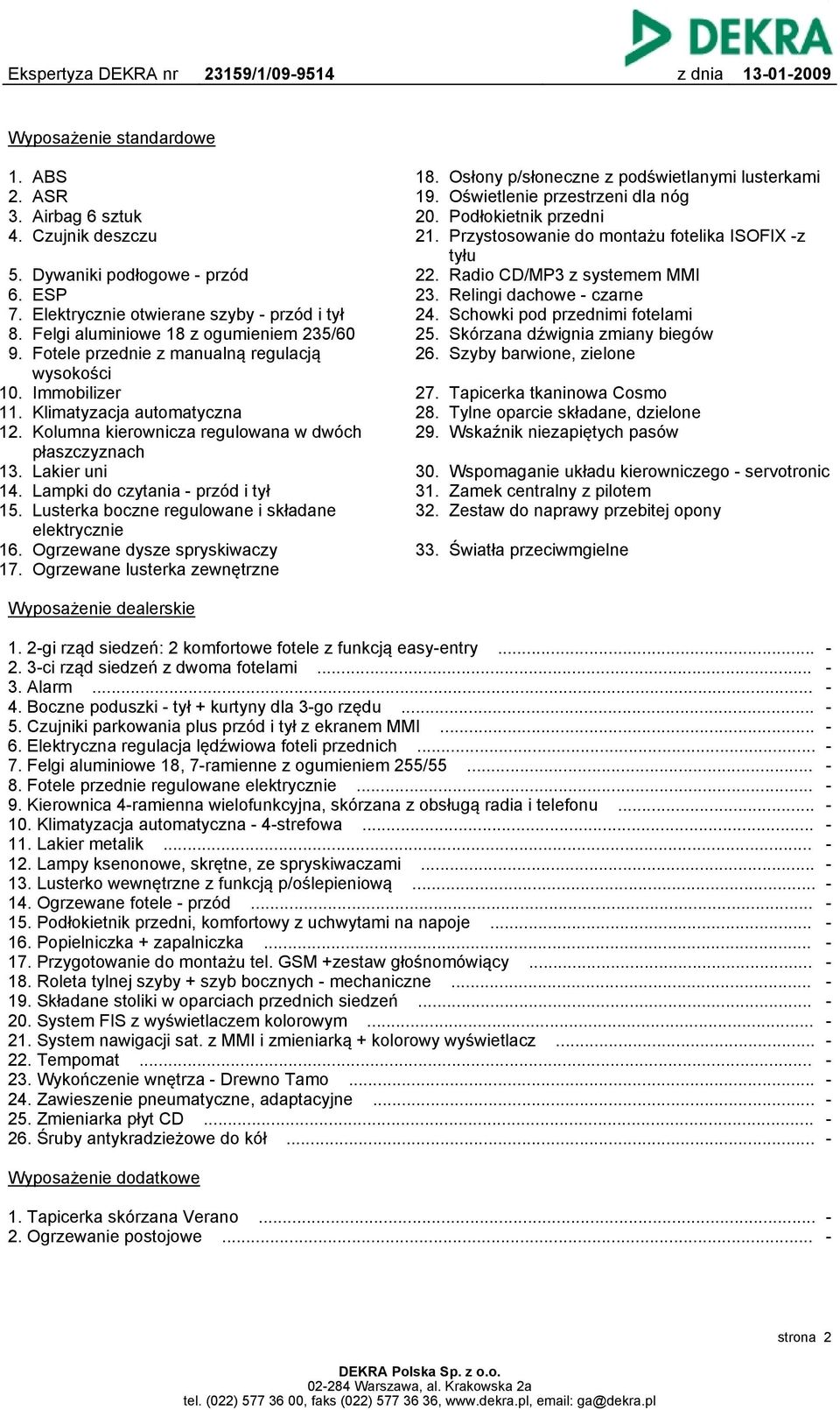 Kolumna kierownicza regulowana w dwóch płaszczyznach Lakier uni Lampki do czytania - przód i tył Lusterka boczne regulowane i składane elektrycznie Ogrzewane dysze spryskiwaczy Ogrzewane lusterka