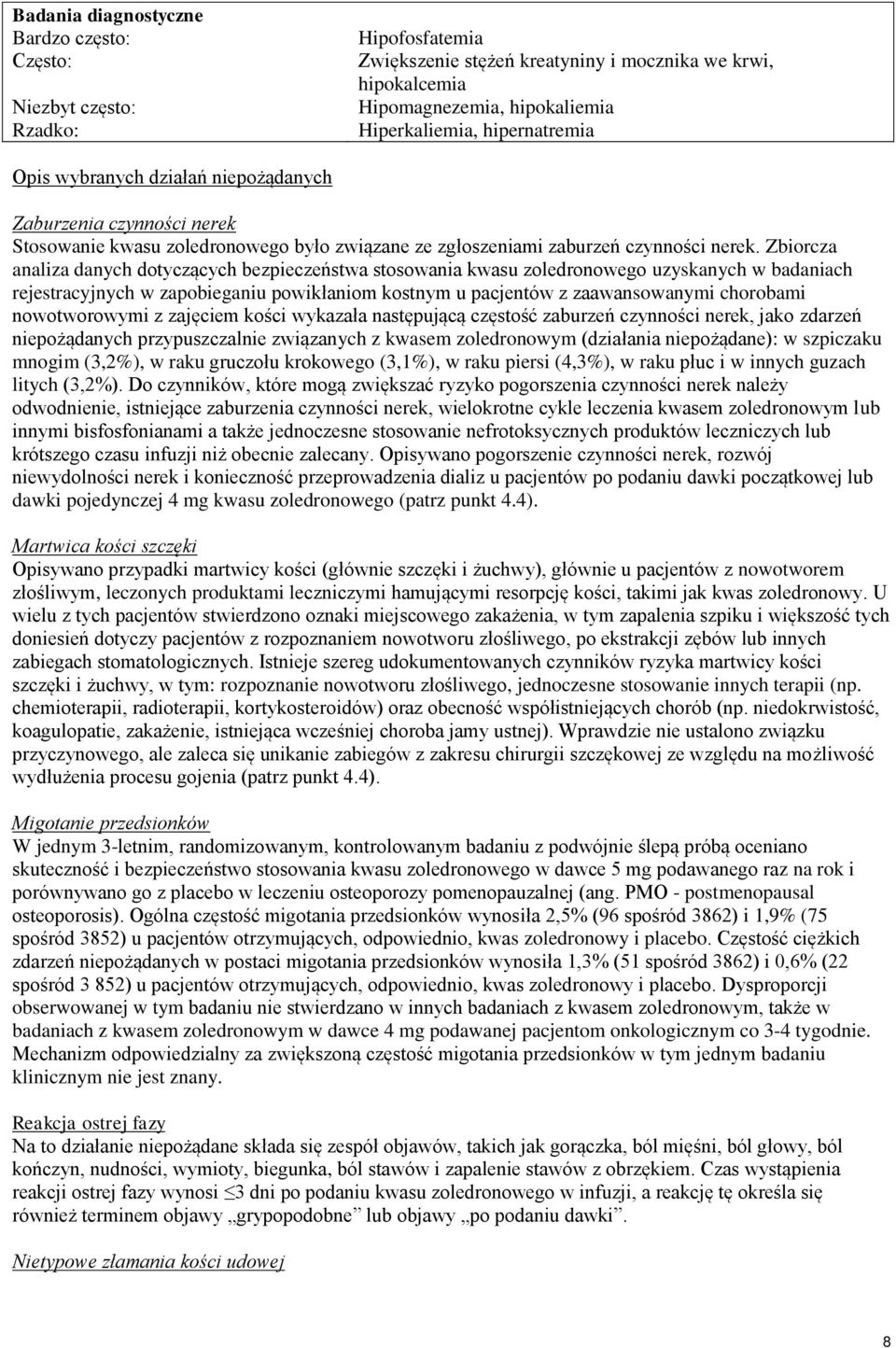 Zbiorcza analiza danych dotyczących bezpieczeństwa stosowania kwasu zoledronowego uzyskanych w badaniach rejestracyjnych w zapobieganiu powikłaniom kostnym u pacjentów z zaawansowanymi chorobami