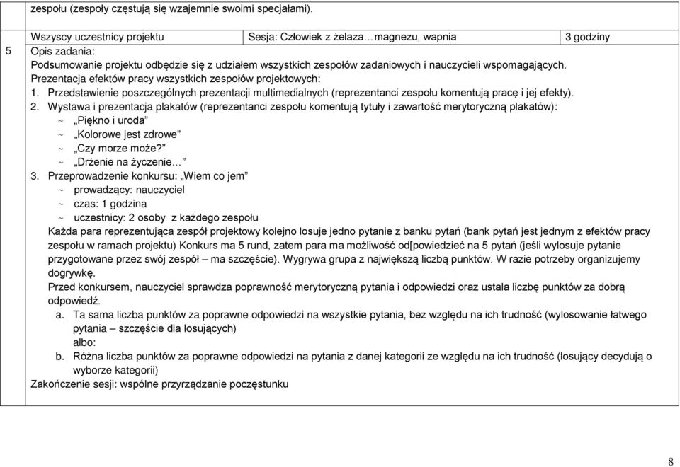 wspomagających. Prezentacja efektów pracy wszystkich zespołów projektowych: 1. Przedstawienie poszczególnych prezentacji multimedialnych (reprezentanci zespołu komentują pracę i jej efekty). 2.