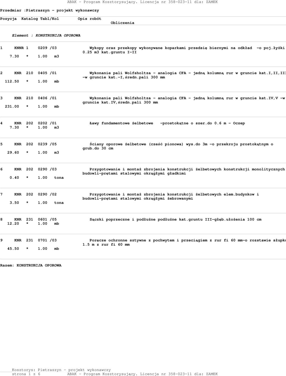 00 mb 3 KNR 210 0406 /01 Wyknanie pali Wlfshltza - analgia CFA - jedną klumną rur w gruncie kat.iv,v -w gruncie kat.iv,średn.pali 300 mm 231.00 * 1.