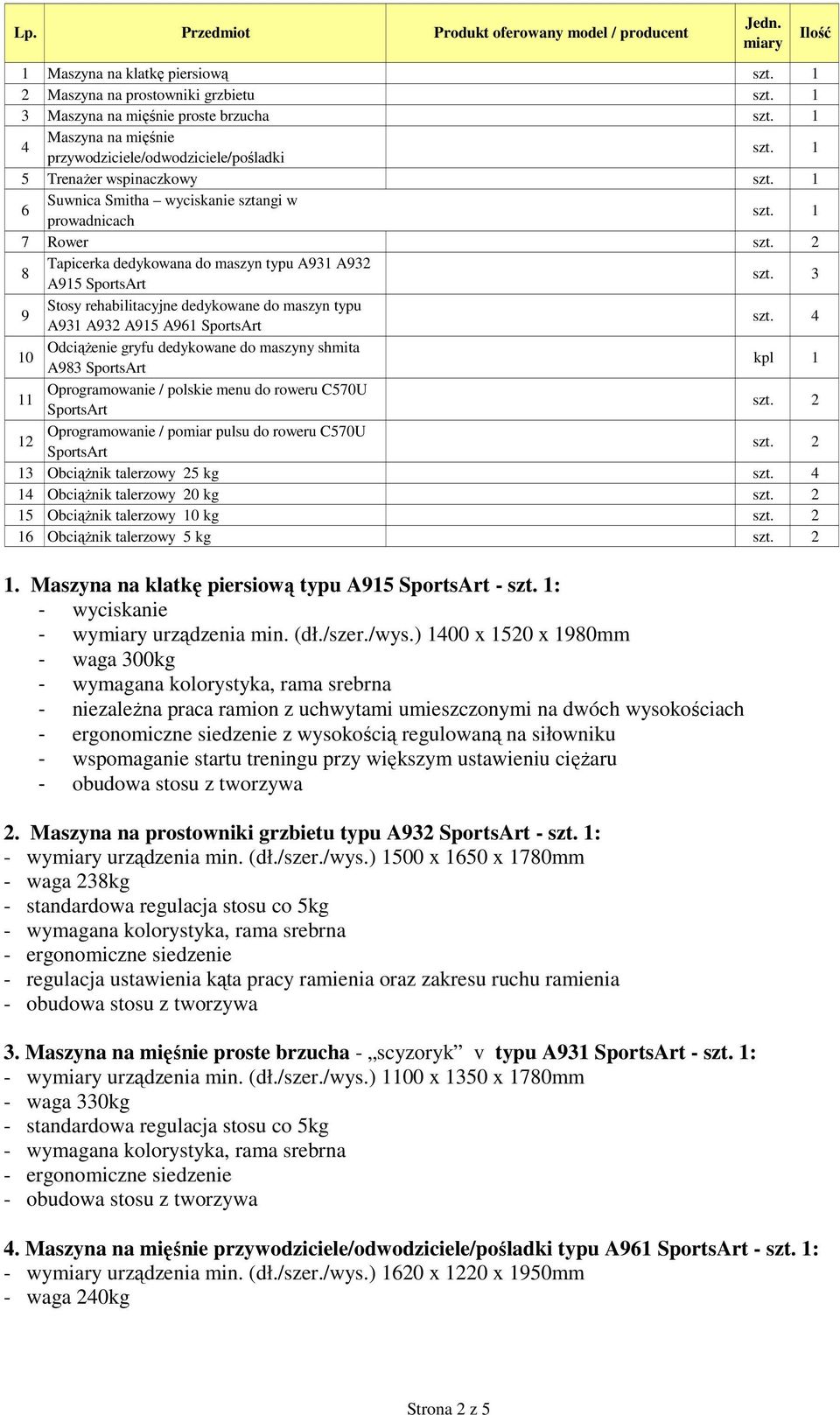 2 8 Tapicerka dedykowana do maszyn typu A931 A932 A915 SportsArt szt. 3 9 Stosy rehabilitacyjne dedykowane do maszyn typu A931 A932 A915 A961 SportsArt szt.