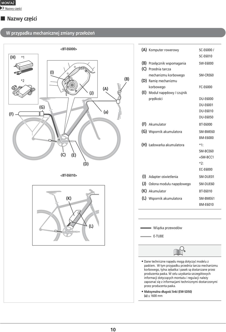 akumulatora SM-BME60 BM-E6000 (C) (E) <BT-E6010> (K) (D) (H) Ładowarka akumulatora *1: SM-BCE60 +SM-BCC1 *2: EC-E6000 (I) Adapter oświetlenia SM-DUE01 (J) Osłona modułu napędowego SM-DUE60 (K)