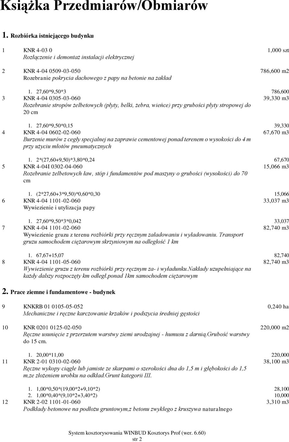 27,60*9,50*3 786,600 3 KNR 4-04 0305-03-060 Rozebranie stropów żelbetowych (płyty, belki, żebra, wieńce) przy grubości płyty stropowej do 20 cm 39,330 m3 1.