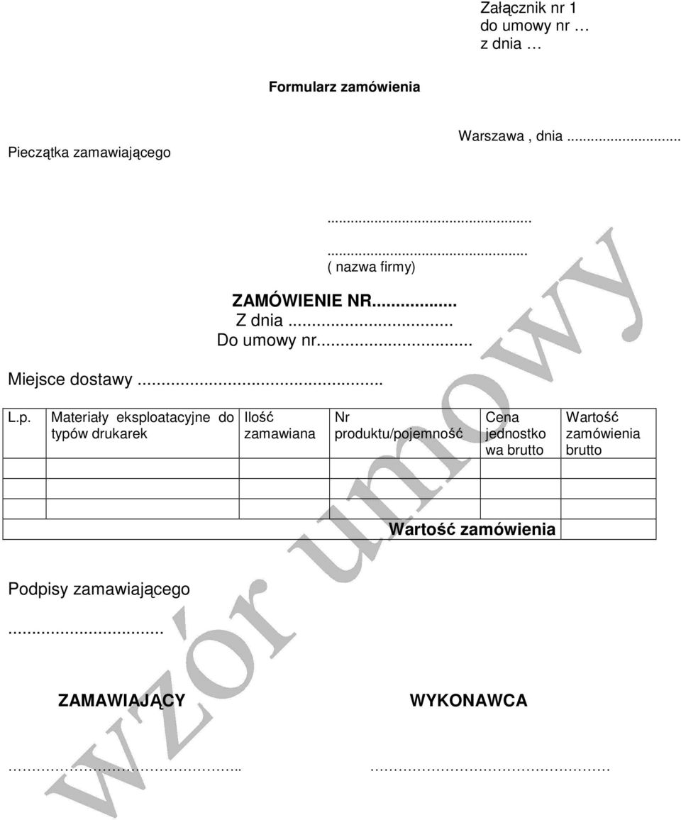 Materiały eksploatacyjne do typów drukarek Ilość zamawiana Nr produktu/pojemność Cena jednostko