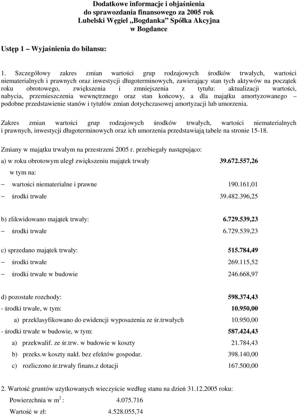 zwiększenia i zmniejszenia z tytułu: aktualizacji wartości, nabycia, przemieszczenia wewnętrznego oraz stan końcowy, a dla majątku amortyzowanego podobne przedstawienie stanów i tytułów zmian