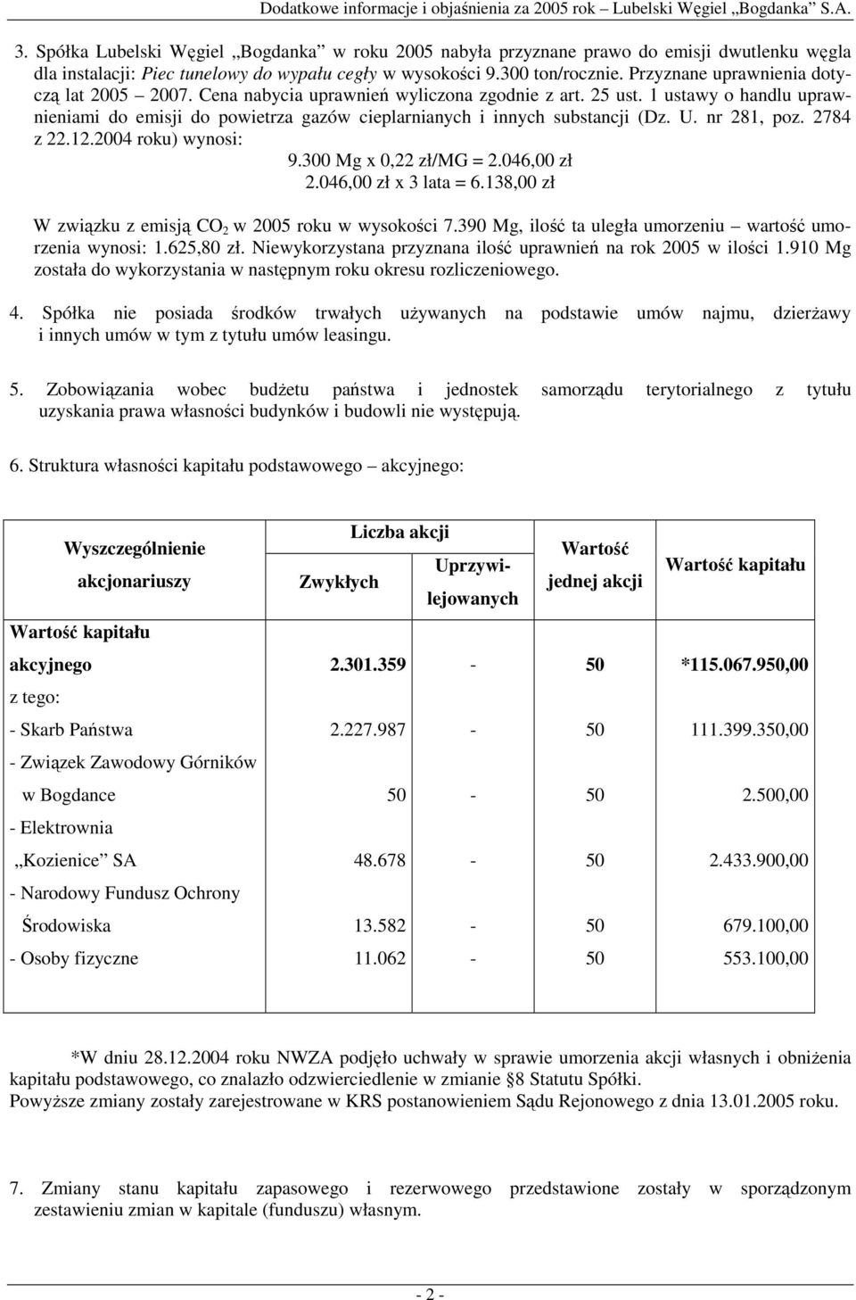 1 ustawy o handlu uprawnieniami do emisji do powietrza gazów cieplarnianych i innych substancji (Dz. U. nr 281, poz. 2784 z 22.12.2004 roku) wynosi: 9.300 Mg x 0,22 zł/mg = 2.046,00 zł 2.