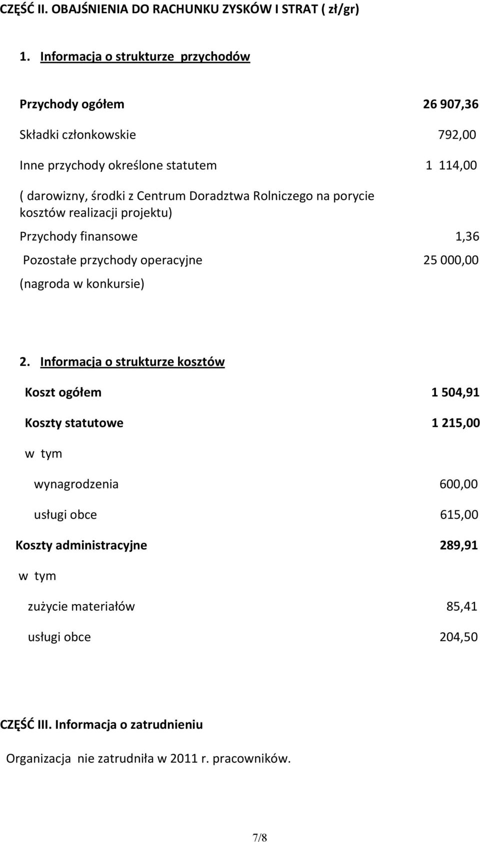 Doradztwa Rolniczego na porycie kosztów realizacji projektu) Przychody finansowe 1,36 Pozostałe przychody operacyjne 25 000,00 (nagroda w konkursie) 2.