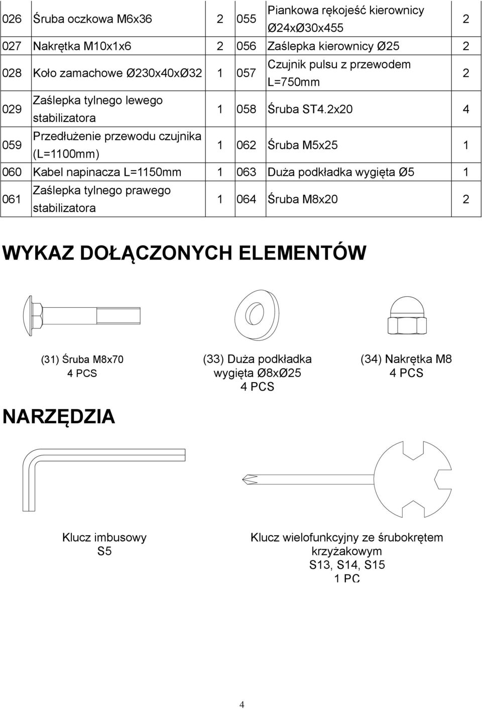 2x20 4 059 Przedłużenie przewodu czujnika (L=1100mm) 1 062 Śruba M5x25 1 060 Kabel napinacza L=1150mm 1 063 Duża podkładka wygięta Ø5 1 061 Zaślepka tylnego prawego