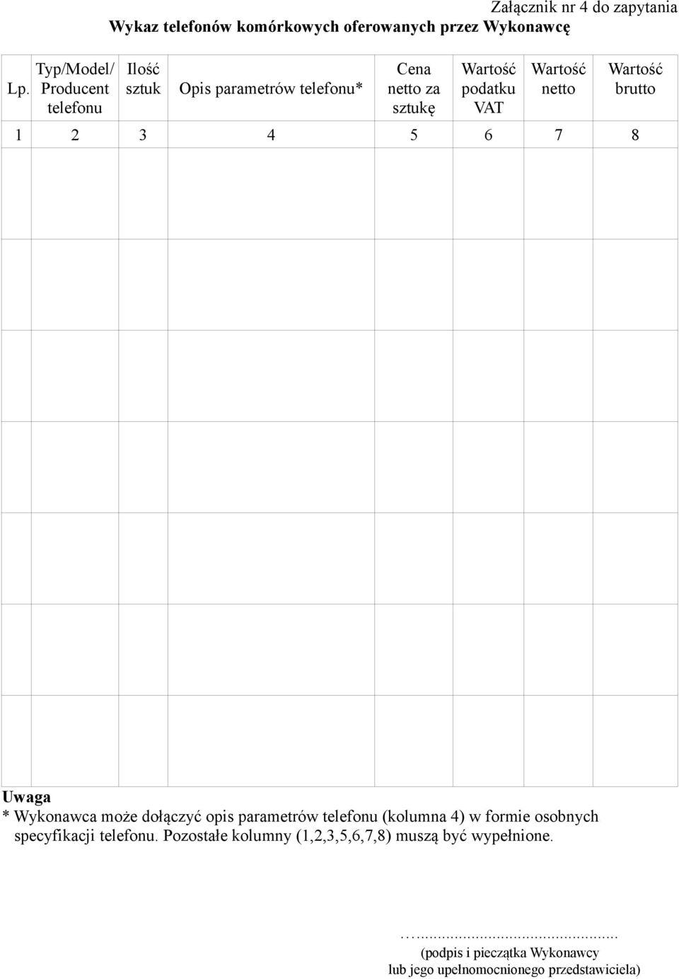 7 8 Uwaga * Wykonawca może dołączyć opis parametrów telefonu (kolumna 4) w formie osobnych specyfikacji telefonu.