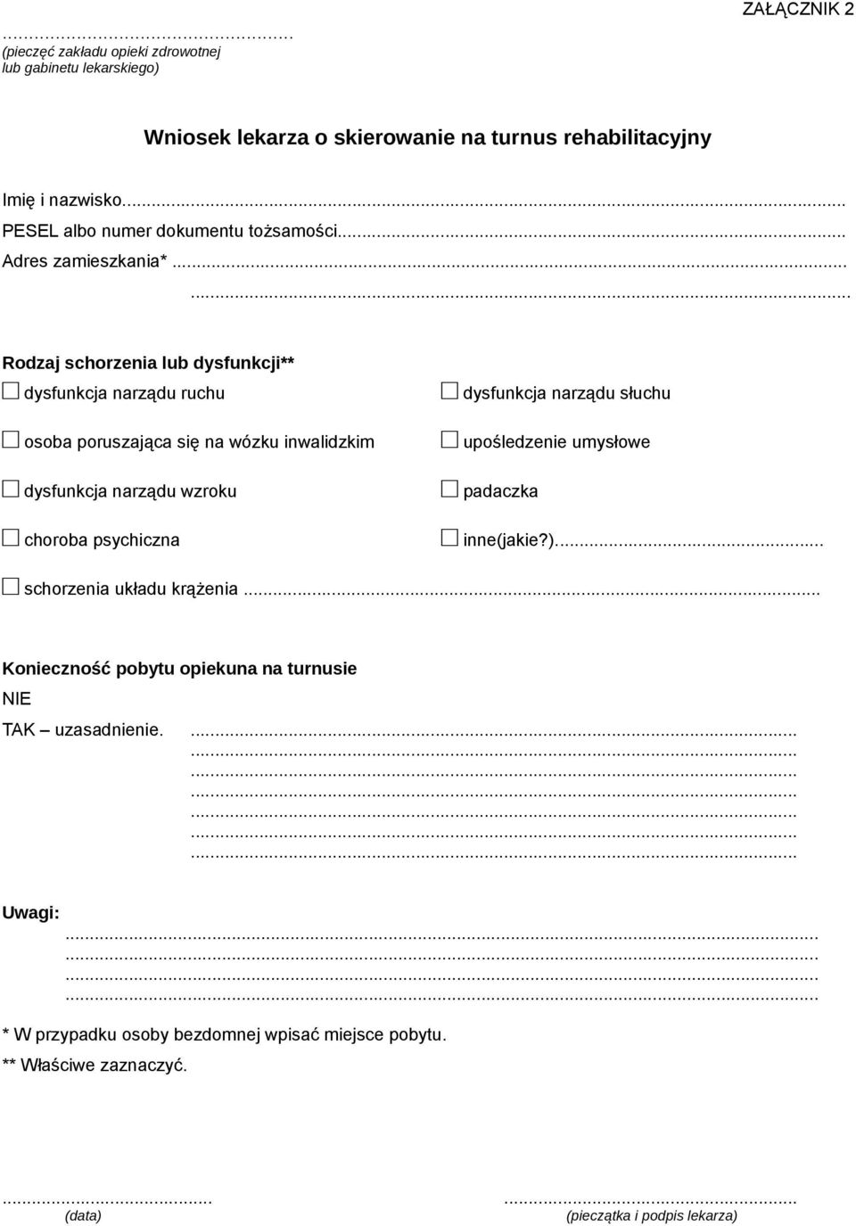 ..... Rodzaj schorzenia lub dysfunkcji** dysfunkcja narządu ruchu osoba poruszająca się na wózku inwalidzkim dysfunkcja narządu wzroku choroba psychiczna dysfunkcja