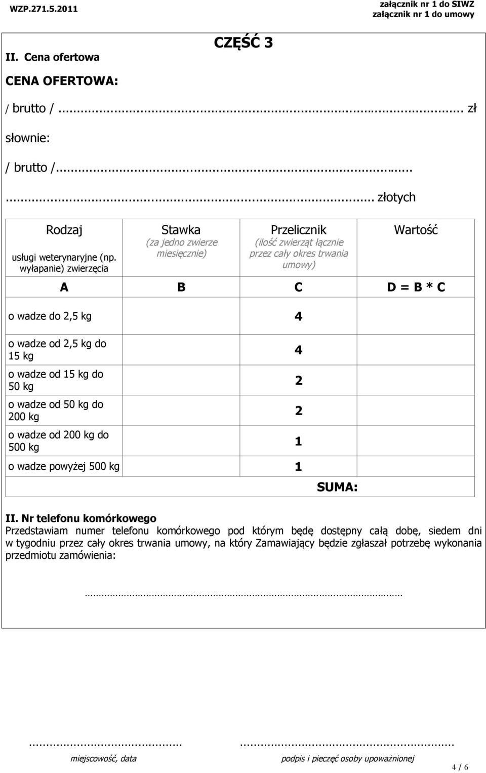 o wadze od 2,5 kg do 15 kg o wadze od 15 kg do 50 kg o wadze od 50 kg do 200 kg o wadze od 200 kg do 500 kg o wadze powyżej 500 kg 1 4 2 2 1 SUMA: II.