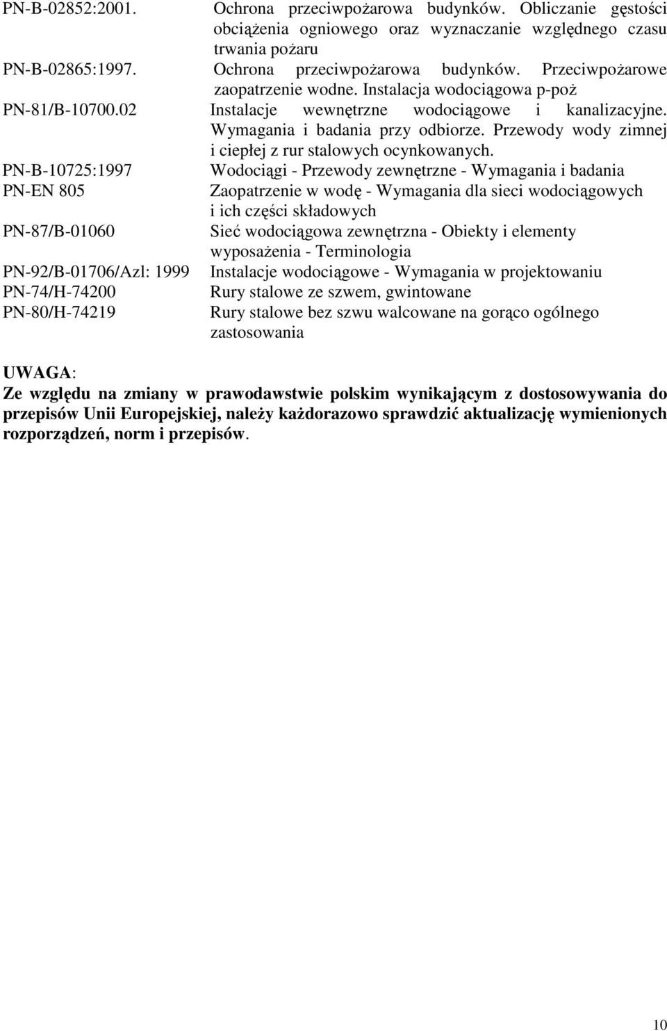 PN-B-10725:1997 Wodociągi - Przewody zewnętrzne - Wymagania i badania PN-EN 805 Zaopatrzenie w wodę - Wymagania dla sieci wodociągowych i ich części składowych PN-87/B-01060 Sieć wodociągowa