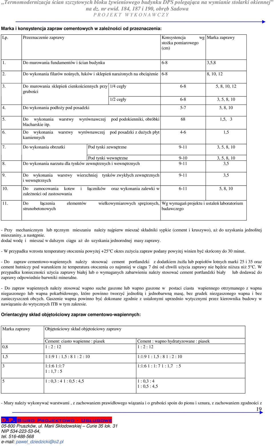 Przeznaczenie zaprawy Konsystencja wg stożka pomiarowego (cm) Marka zaprawy 1. Do murowania fundamentów i ścian budynku 6-8 3,5,8 2.