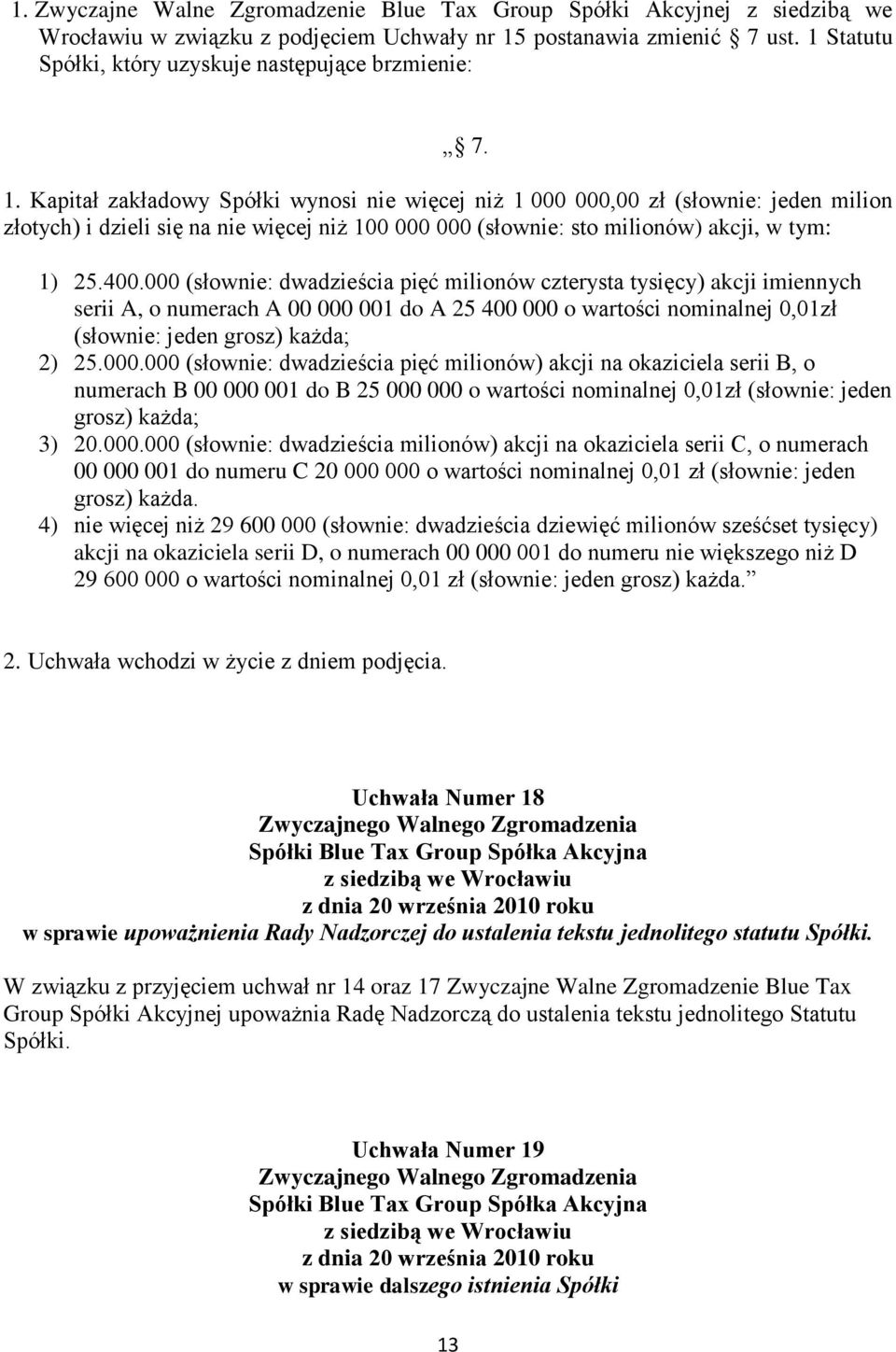 Kapitał zakładowy Spółki wynosi nie więcej niż 1 000 000,00 zł (słownie: jeden milion złotych) i dzieli się na nie więcej niż 100 000 000 (słownie: sto milionów) akcji, w tym: 1) 25.400.