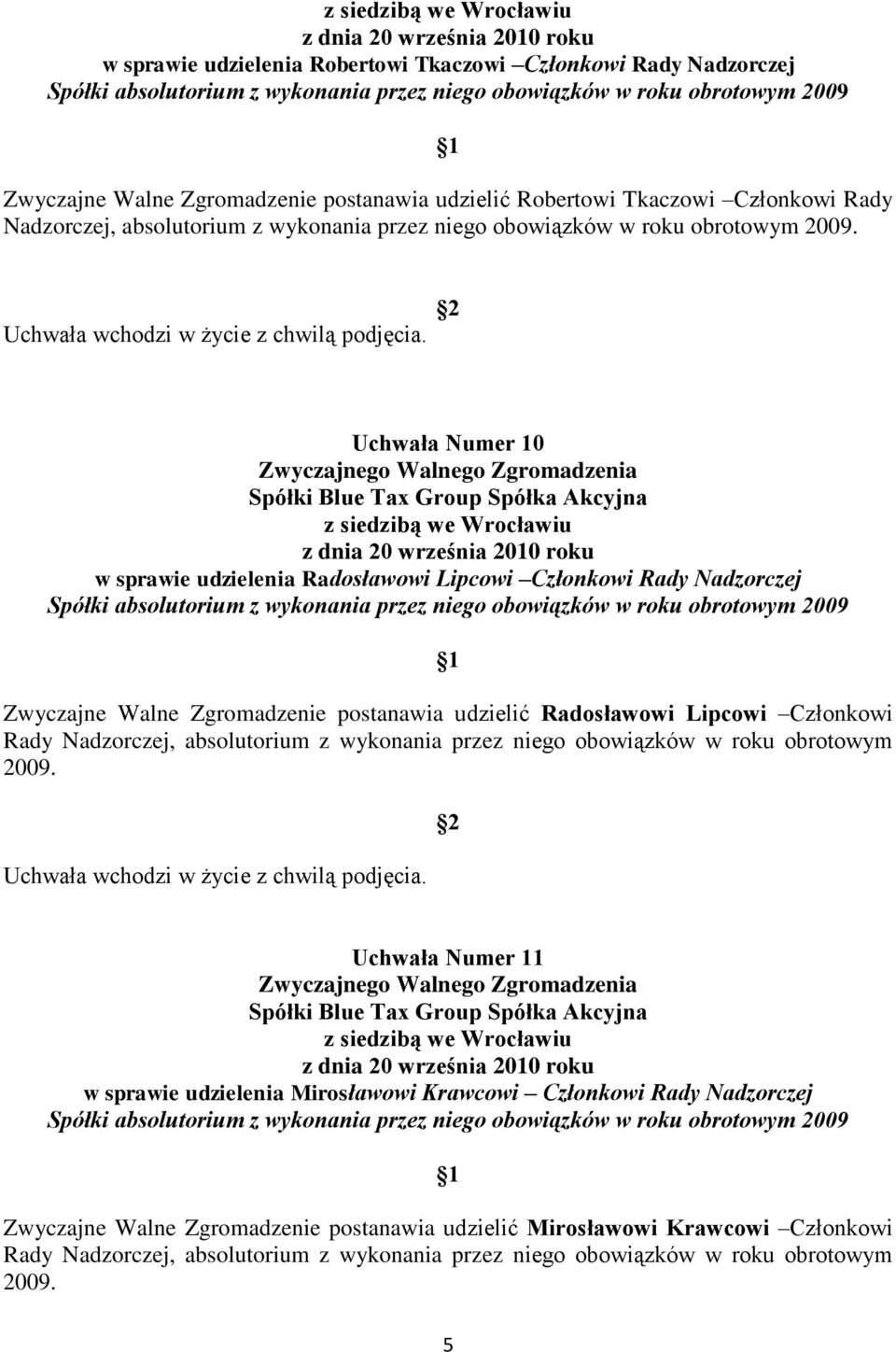 Uchwała Numer 10 w sprawie udzielenia Radosławowi Lipcowi Członkowi Rady Nadzorczej Spółki absolutorium z wykonania przez niego obowiązków w roku obrotowym 2009 Zwyczajne Walne Zgromadzenie