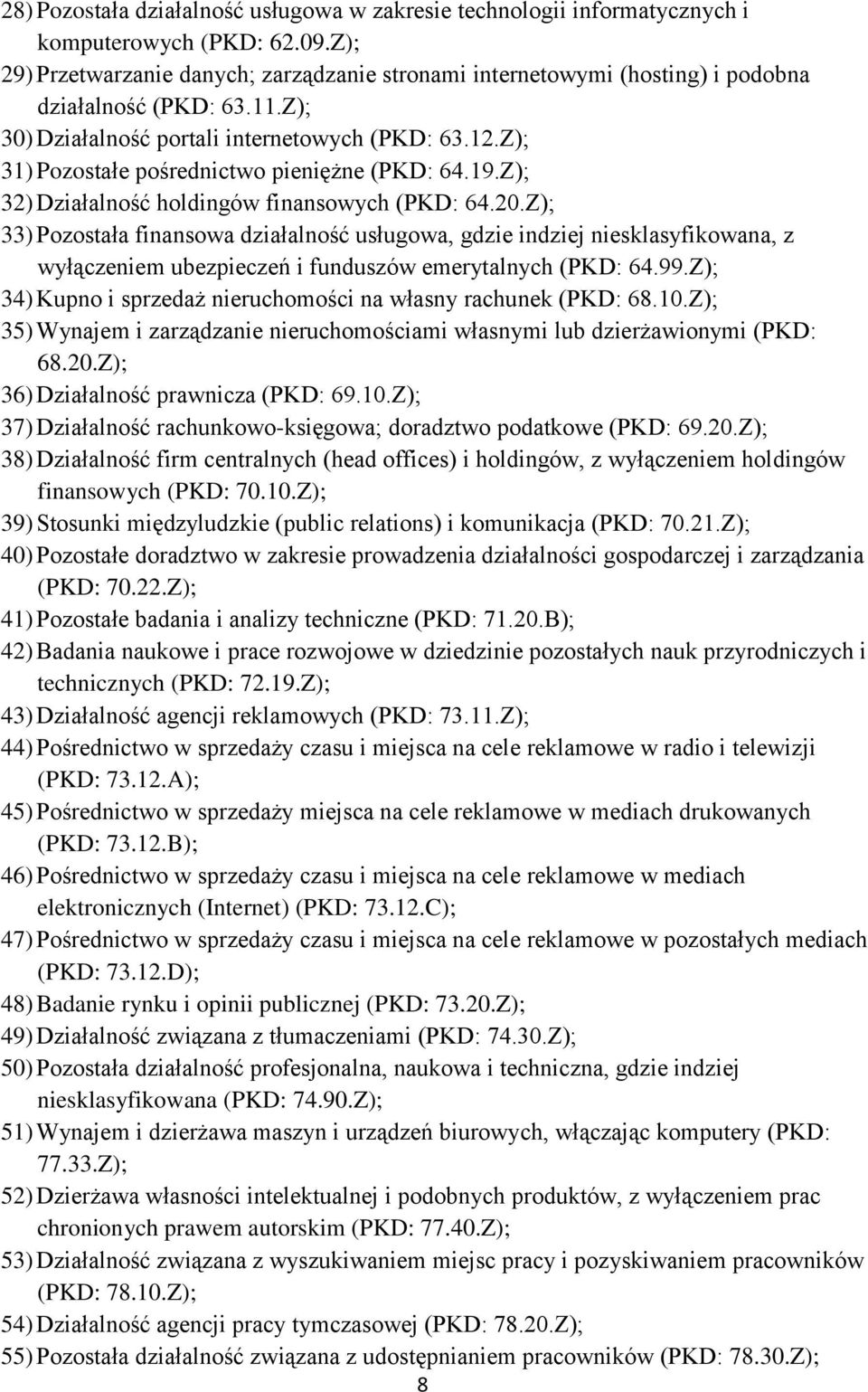 Z); 31) Pozostałe pośrednictwo pieniężne (PKD: 64.19.Z); 32) Działalność holdingów finansowych (PKD: 64.20.