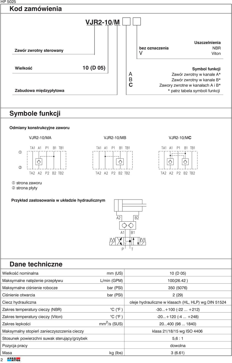 układzie hydraulicznym Dane techniczne Wielkość nominalna mm (US) 0 (D 05) Maksymalne natężenie przepływu L/min (GPM) 00(6.