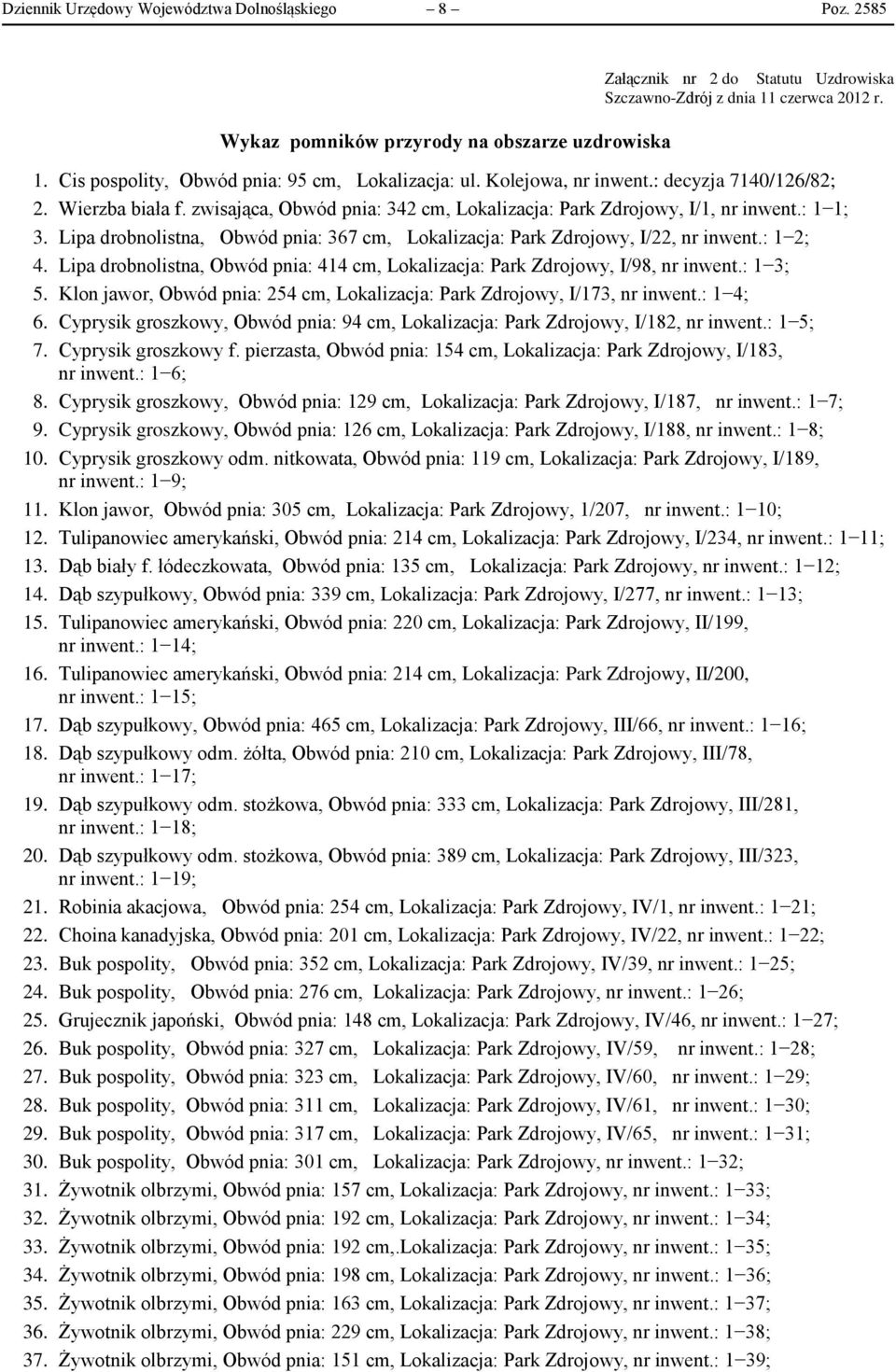 zwisająca, Obwód pnia: 342 cm, Lokalizacja: Park Zdrojowy, I/1, nr inwent.: 1 1; 3. Lipa drobnolistna, Obwód pnia: 367 cm, Lokalizacja: Park Zdrojowy, I/22, nr inwent.: 1 2; 4.