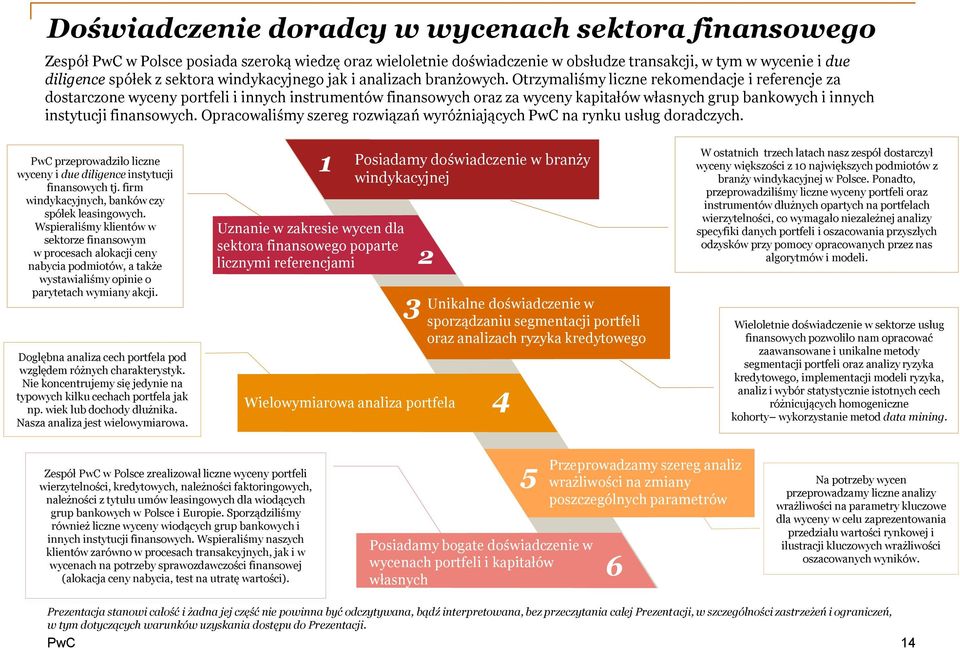 Otrzymaliśmy liczne rekomendacje i referencje za dostarczone wyceny portfeli i innych instrumentów finansowych oraz za wyceny kapitałów własnych grup bankowych i innych instytucji finansowych.