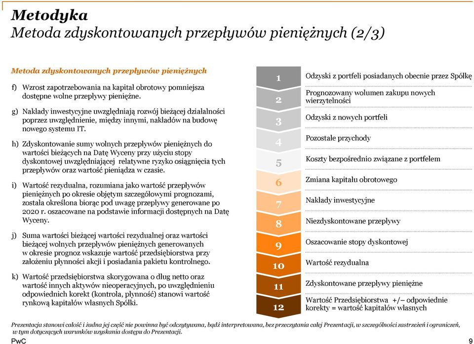 h) Zdyskontowanie sumy wolnych przepływów pieniężnych do wartości bieżących na Datę Wyceny przy użyciu stopy dyskontowej uwzględniającej relatywne ryzyko osiągnięcia tych przepływów oraz wartość