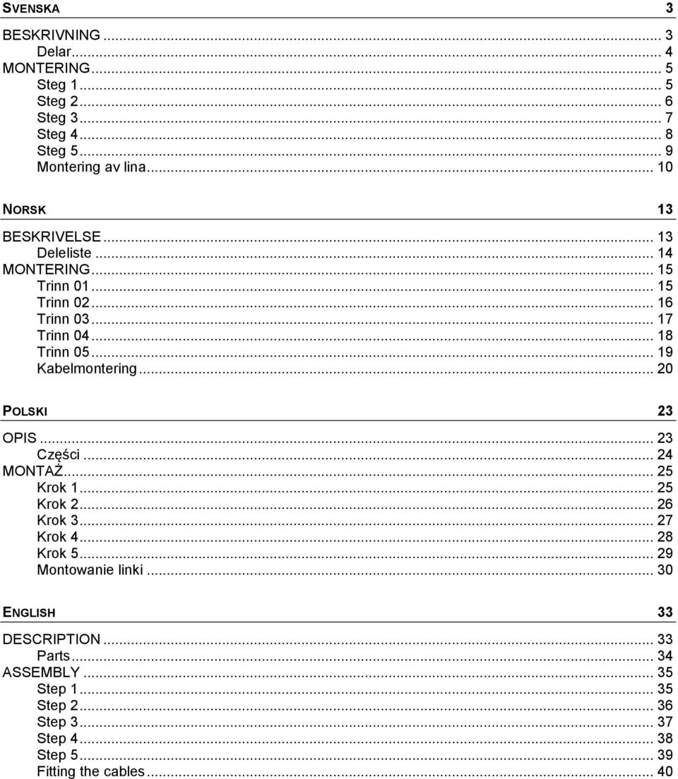 .. 19 Kabelmontering... 20 POLSKI 23 OPIS... 23 Części... 24 MONTAŻ... 25 Krok 1... 25 Krok 2... 26 Krok 3... 27 Krok 4... 28 Krok 5.