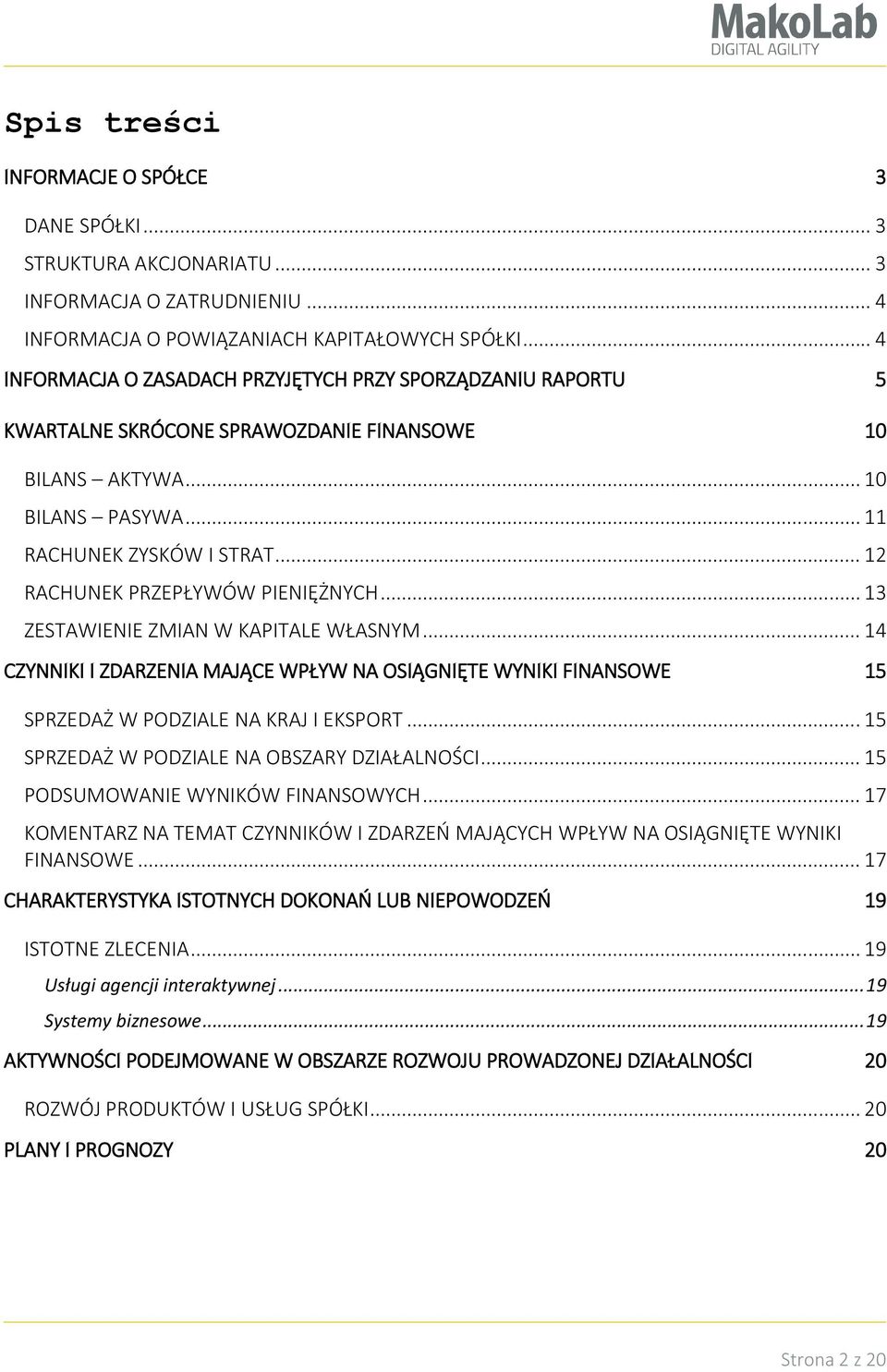 .. 12 RACHUNEK PRZEPŁYWÓW PIENIĘŻNYCH... 13 ZESTAWIENIE ZMIAN W KAPITALE WŁASNYM... 14 CZYNNIKI I ZDARZENIA MAJĄCE WPŁYW NA OSIĄGNIĘTE WYNIKI FINANSOWE 15 SPRZEDAŻ W PODZIALE NA KRAJ I EKSPORT.