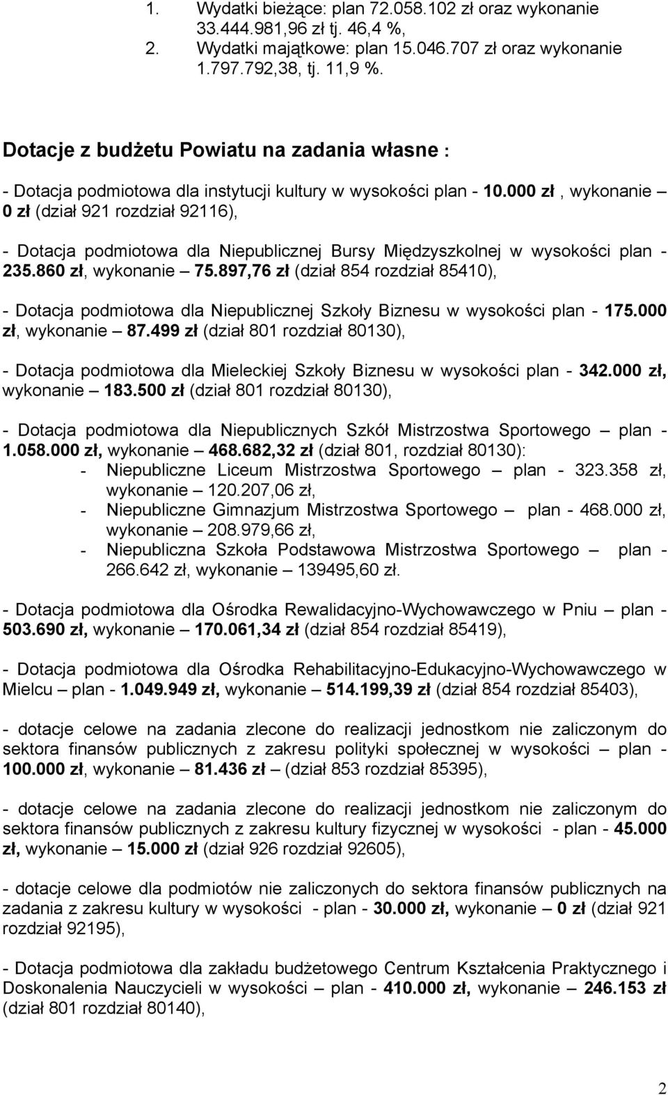 000 zł, wykonanie 0 zł (dział 921 rozdział 92116), - Dotacja podmiotowa dla Niepublicznej Bursy Międzyszkolnej w wysokości plan - 235.860 zł, wykonanie 75.