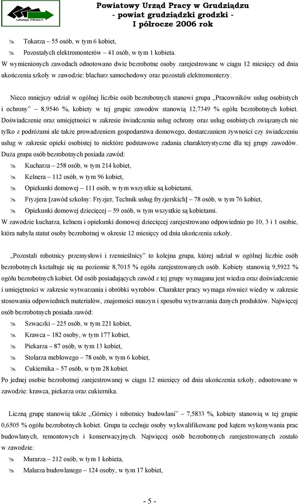 Nieco mniejszy udział w ogólnej liczbie osób bezrobotnych stanowi grupa Pracowników usług osobistych i ochrony 8,9546 %, kobiety w tej grupie zawodów stanowią 12,7349 % ogółu bezrobotnych kobiet.