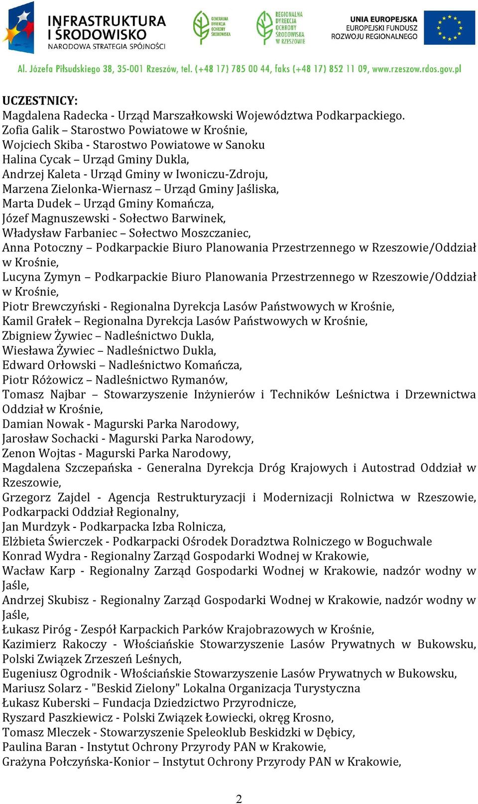 Urząd Gminy Jaśliska, Marta Dudek Urząd Gminy Komańcza, Józef Magnuszewski - Sołectwo Barwinek, Władysław Farbaniec Sołectwo Moszczaniec, Anna Potoczny Podkarpackie Biuro Planowania Przestrzennego w