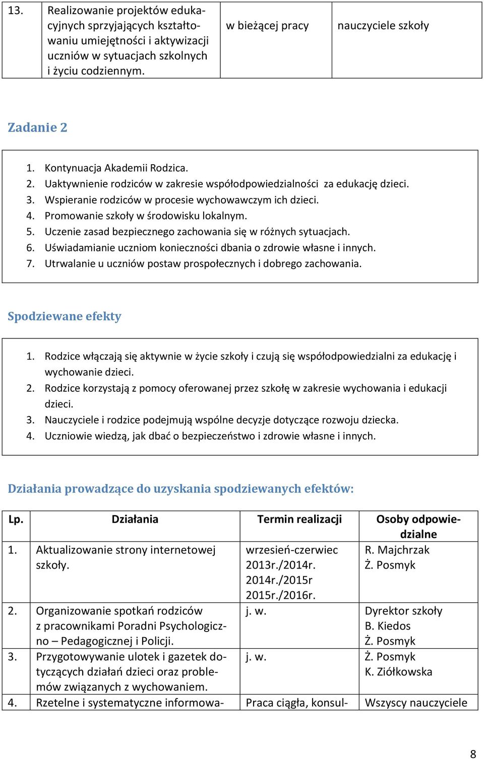 Promowanie szkoły w środowisku lokalnym. 5. Uczenie zasad bezpiecznego zachowania się w różnych sytuacjach. 6. Uświadamianie uczniom konieczności dbania o zdrowie własne i innych. 7.