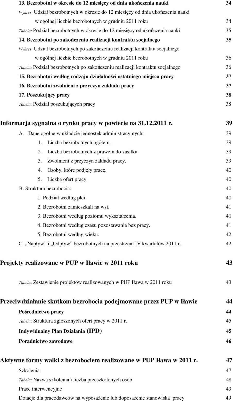 Bezrobotni po zakończeniu realizacji kontraktu socjalnego 35 Wykres: Udział bezrobotnych po zakończeniu realizacji kontraktu socjalnego w ogólnej liczbie bezrobotnych w grudniu 2011 roku 36 Tabela: