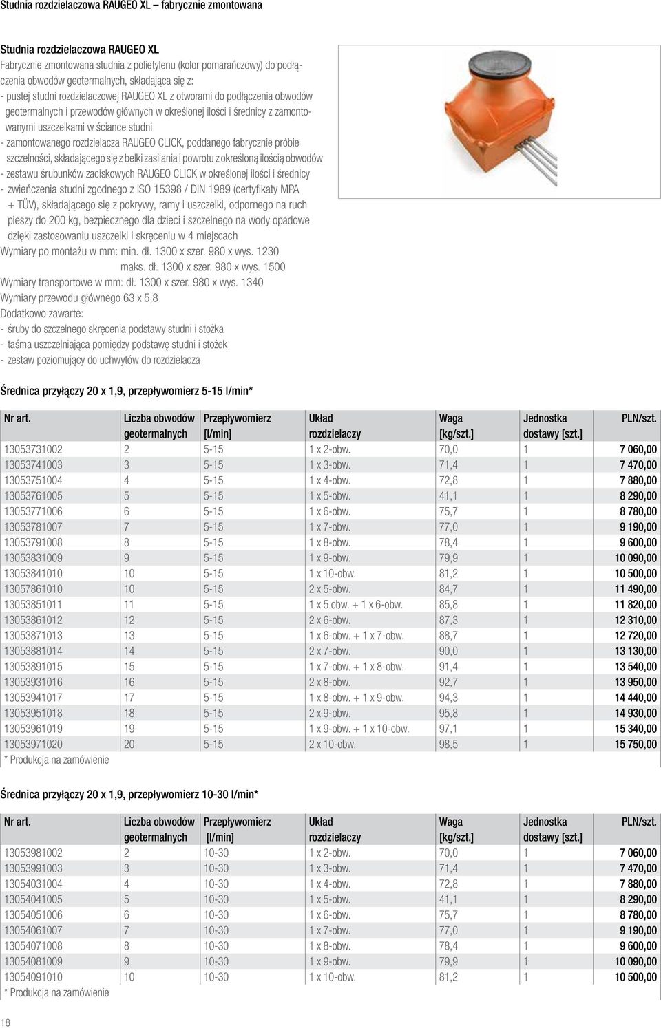 studni - zamontowanego rozdzielacza RAUGEO CLICK, poddanego fabrycznie próbie szczelności, składającego się z belki zasilania i powrotu z określoną ilością obwodów - zestawu śrubunków zaciskowych