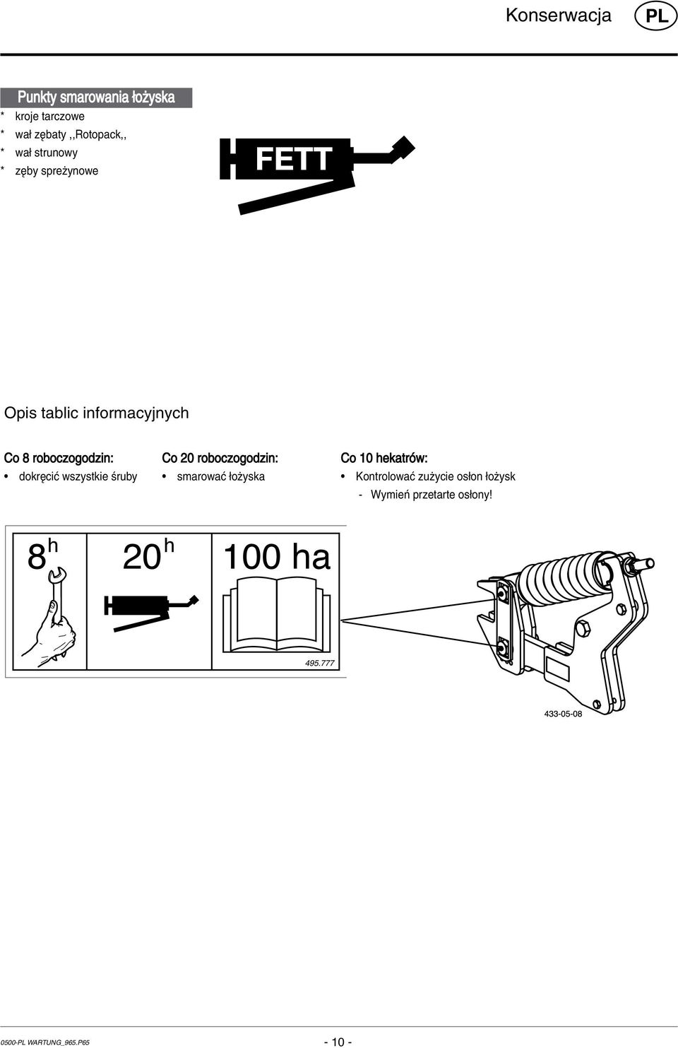 dokríciê wszystkie úruby Co 20 roboczogodzin: ï smarowaê oøyska Co 10 hekatrûw: ï