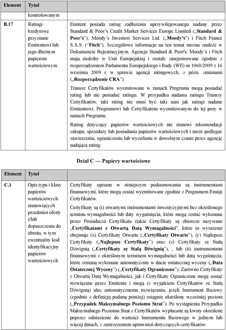 Limited ( Standard & Poor s ), Moody s Investors Services Ltd. ( Moody s ) i Fitch France S.A.S. ( Fitch ). Szczegółowe informacje na ten temat można znaleźć w Dokumencie Rejestracyjnym.