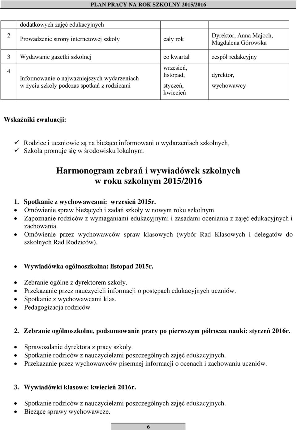 wydarzeniach szkolnych, Szkoła promuje się w środowisku lokalnym. Harmonogram zebrań i wywiadówek szkolnych w roku szkolnym 05/06. Spotkanie z wychowawcami: wrzesień 05r.