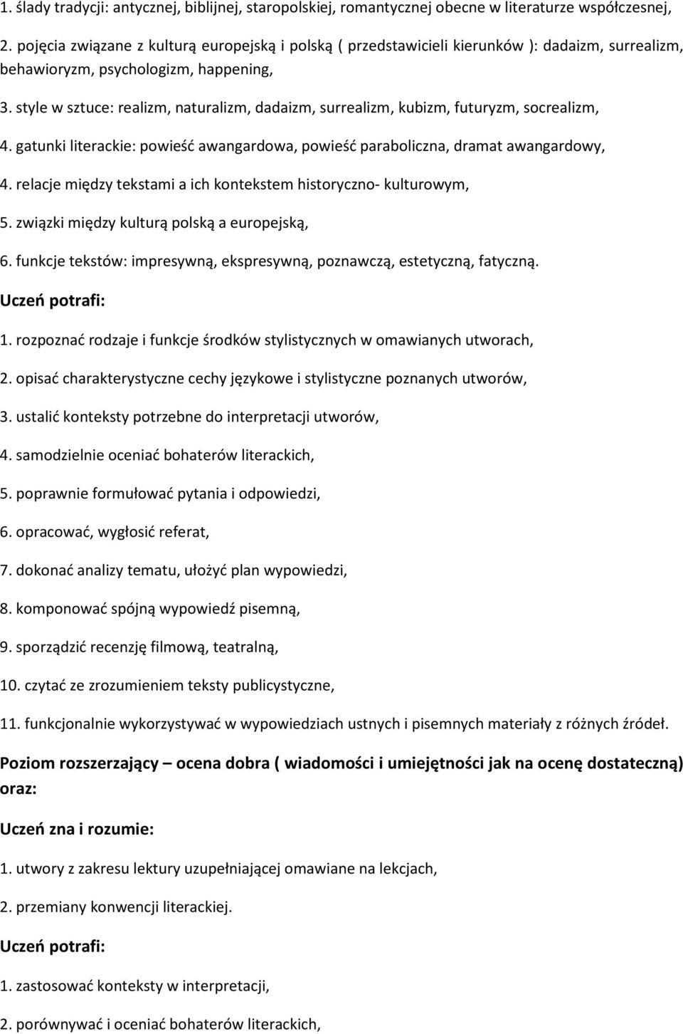 style w sztuce: realizm, naturalizm, dadaizm, surrealizm, kubizm, futuryzm, socrealizm, 4. gatunki literackie: powieść awangardowa, powieść paraboliczna, dramat awangardowy, 4.