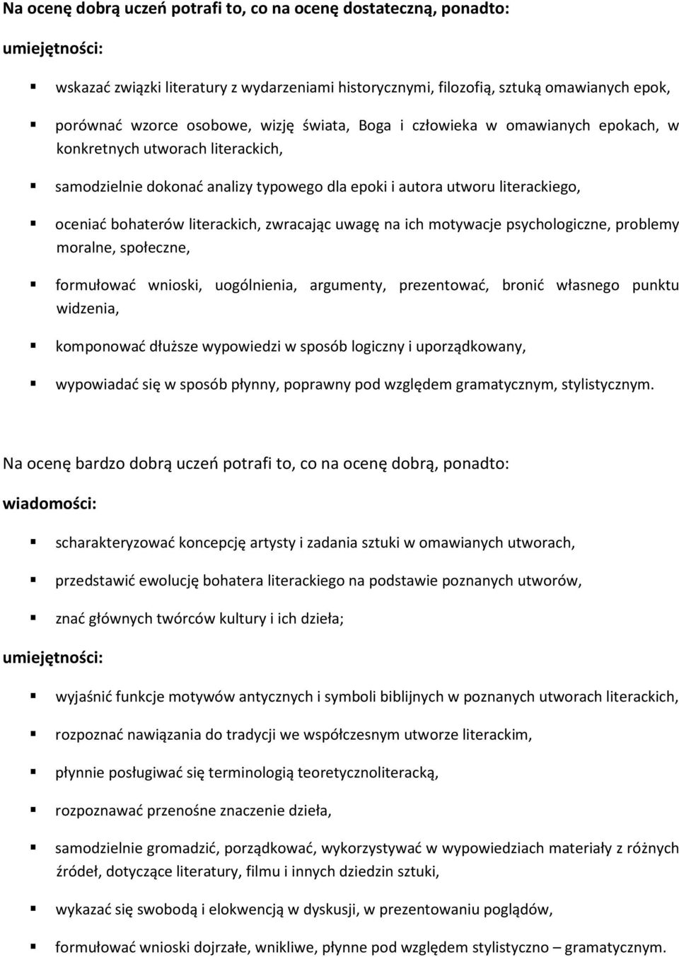 zwracając uwagę na ich motywacje psychologiczne, problemy moralne, społeczne, formułować wnioski, uogólnienia, argumenty, prezentować, bronić własnego punktu widzenia, komponować dłuższe wypowiedzi w