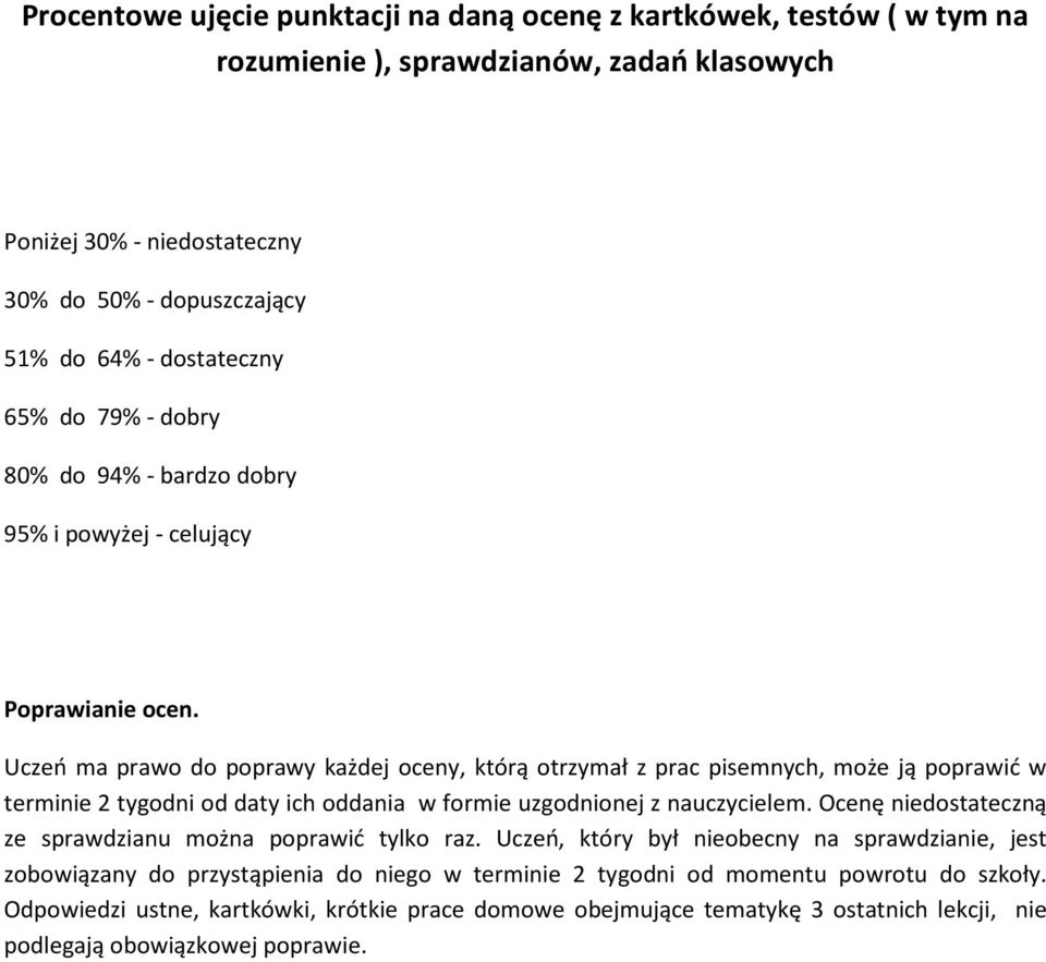 Uczeń ma prawo do poprawy każdej oceny, którą otrzymał z prac pisemnych, może ją poprawić w terminie 2 tygodni od daty ich oddania w formie uzgodnionej z nauczycielem.